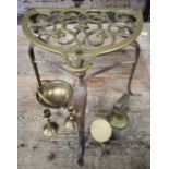 An early 19th century large brass & wrought iron trivet; a brass miniature tilt top table; a pair of