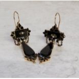 A pair of 9ct gold Whitby jet & seed pearl drop earrings, c.1900, stamped 375, 12g gross