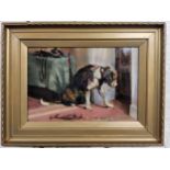 An early 20th century unattributed oil on canvas of a retired hound, titled and dated 'Sixpence