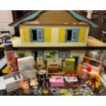Vintage Marx plastic doll's house furniture including figures, fireplace, grandfather clock, small