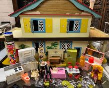 Vintage Marx plastic doll's house furniture including figures, fireplace, grandfather clock, small