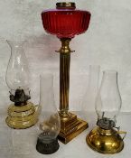 Victorian oil lamp base with cranberry glass reservoir, other oil lanterns, etc