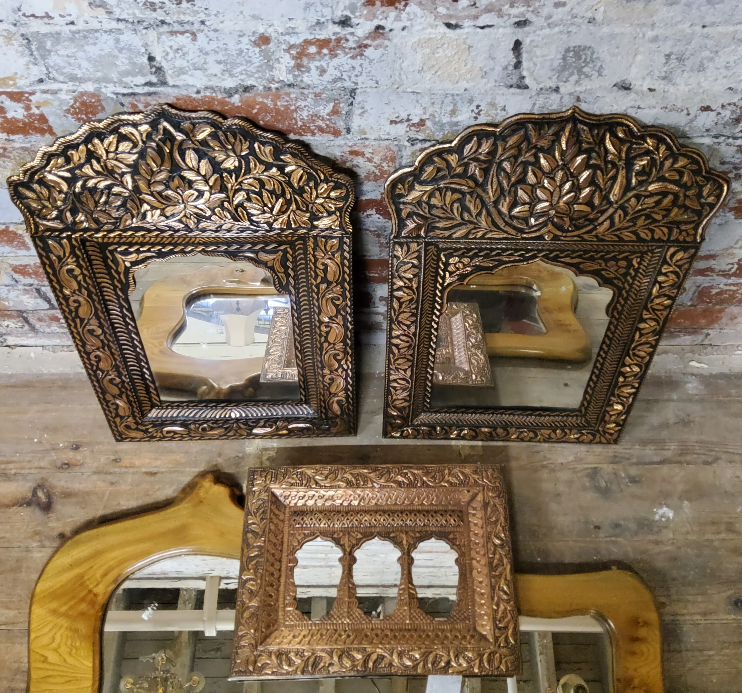 A mid century Burr naturally shaped 'live edge' wall mirror; a pair of Indian decor inspired pressed - Image 4 of 4