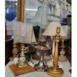 Various vintage table lamps including an Aladdin oil lantern; a converted brass candlestick