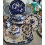 Blue & white including a teapot & sandwich plate possibly Delinières & Cie, marked D & C L, c1900;