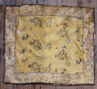 An early Chinese textile panels, fine needle point dragons and clouds in golden silk.