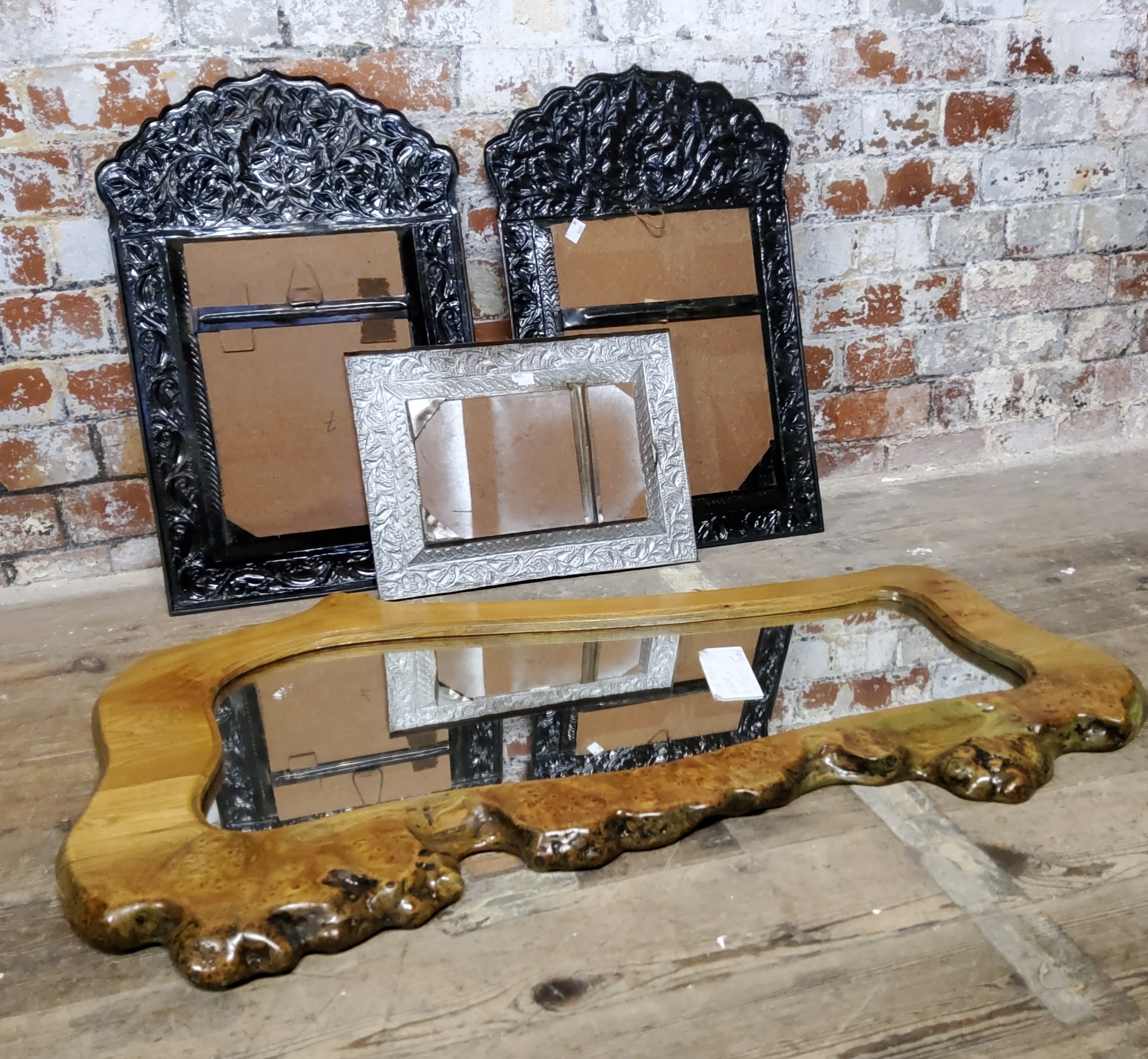 A mid century Burr naturally shaped 'live edge' wall mirror; a pair of Indian decor inspired pressed - Image 3 of 4