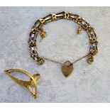 A 9ct gold three bar gate bracelet, two 9ct charms & heart shaped padlock; a 9ct gold contemprary