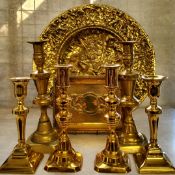 A WMF highly polished brass trinket tray in the Empire taste; Three pairs of 19th century brass