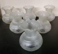 Six opaque etched glass lamp shades: approx 15cm heigh x 12.5 cm in dia