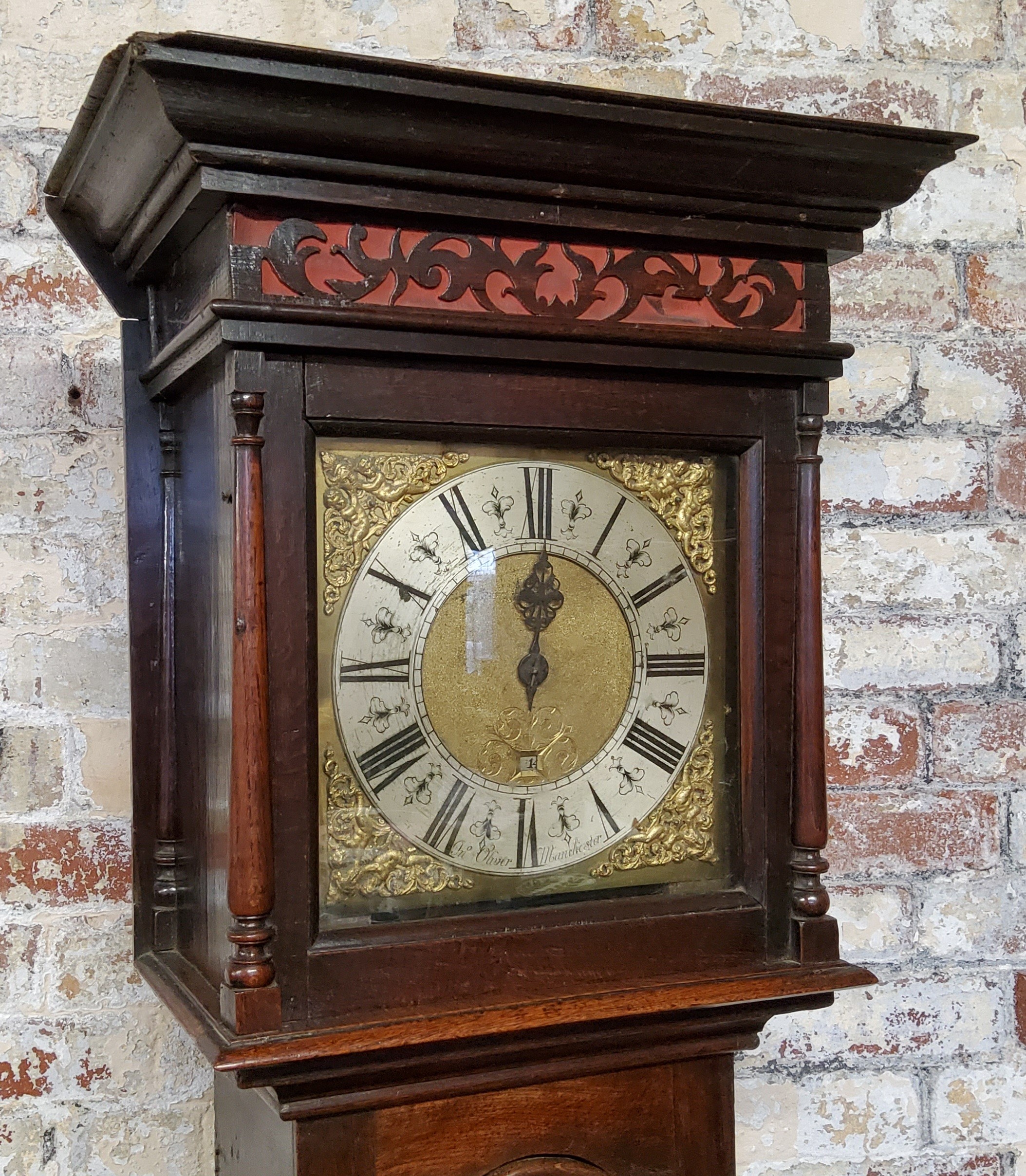 A George III English oak longcase clock, the oversailing ogee hood with decorative fretwork details, - Image 2 of 3