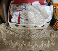 Linen & lace including an embroided Edwardian lace shawl; table cloths etc, housed in a vintage