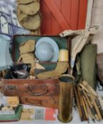 Militaria - two early 20th century leather suitcases containing military woollen mittens, a WWII