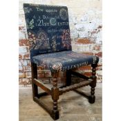 An 18th century jointed English oak hall chair with modern tapestry upholstery c.1760
