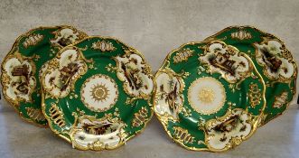 Four early 19th century wavy edge cabinet plates, possibly Minton, the apple green plates with