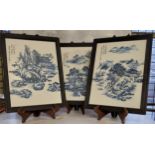 Oriental Ceramics  - A Chinese blue and white decorated porcelain triptych in hardwood wall