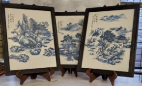 Oriental Ceramics  - A Chinese blue and white decorated porcelain triptych in hardwood wall