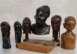 Tribal Art - a carved 19th century African ebony bust of an elder; other carved tribal busts.