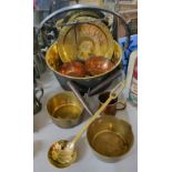 A Victorian highly polished brass jam pan; brass & steel saucepans; a Georgian ladle; Islamic
