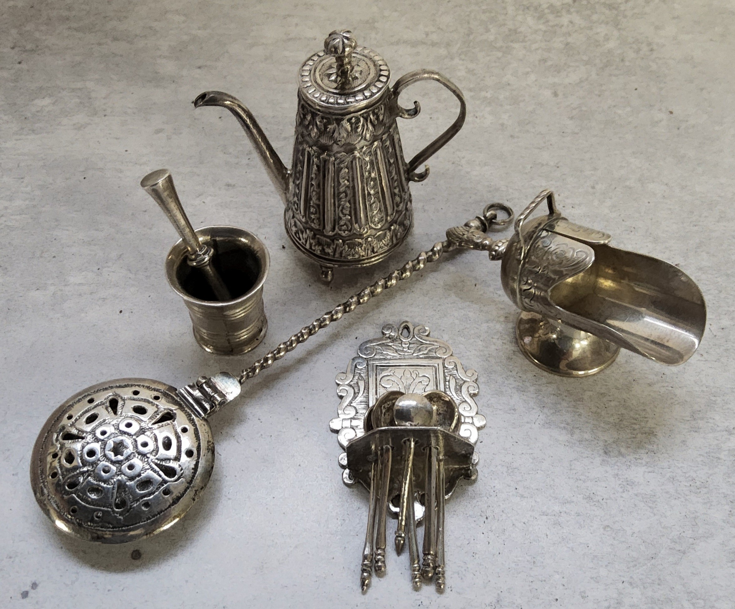 A Dutch silver including bed warmer, stamped XXX rubbed marks; coal scuttle, hallmarked with Passant