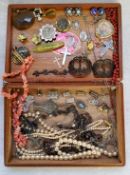Costume jewellery including a pair of Victorian shoe buckles; tiger's eye pendants; religious &