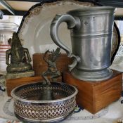 A substantial pewter tankard; Victorian meat plates, Hindu library desk weight of vishnu,