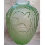 A Rene Lalique style Uranium green glass amphora shaped vase decorated in relief with bullrushes