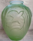 A Rene Lalique style Uranium green glass amphora shaped vase decorated in relief with bullrushes