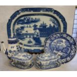 Blue & White - substantial Victorian meat plate; pearlware tureen and covers; etc qty