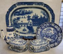 Blue & White - substantial Victorian meat plate; pearlware tureen and covers; etc qty