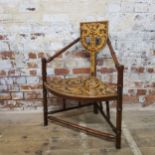 A highly unusual 19th century scrafito decorated corner chair, Chinese Chippendale inspired faux