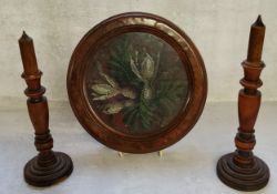 A Victorian beadwork circular panel in a period moulded burr walnut frame mounted on four bun