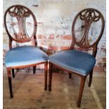 An elegant pair of 19th century Hepplewhite style mahogany bedroom chairs, duck egg blue upholstery,