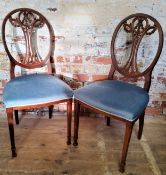 An elegant pair of 19th century Hepplewhite style mahogany bedroom chairs, duck egg blue upholstery,