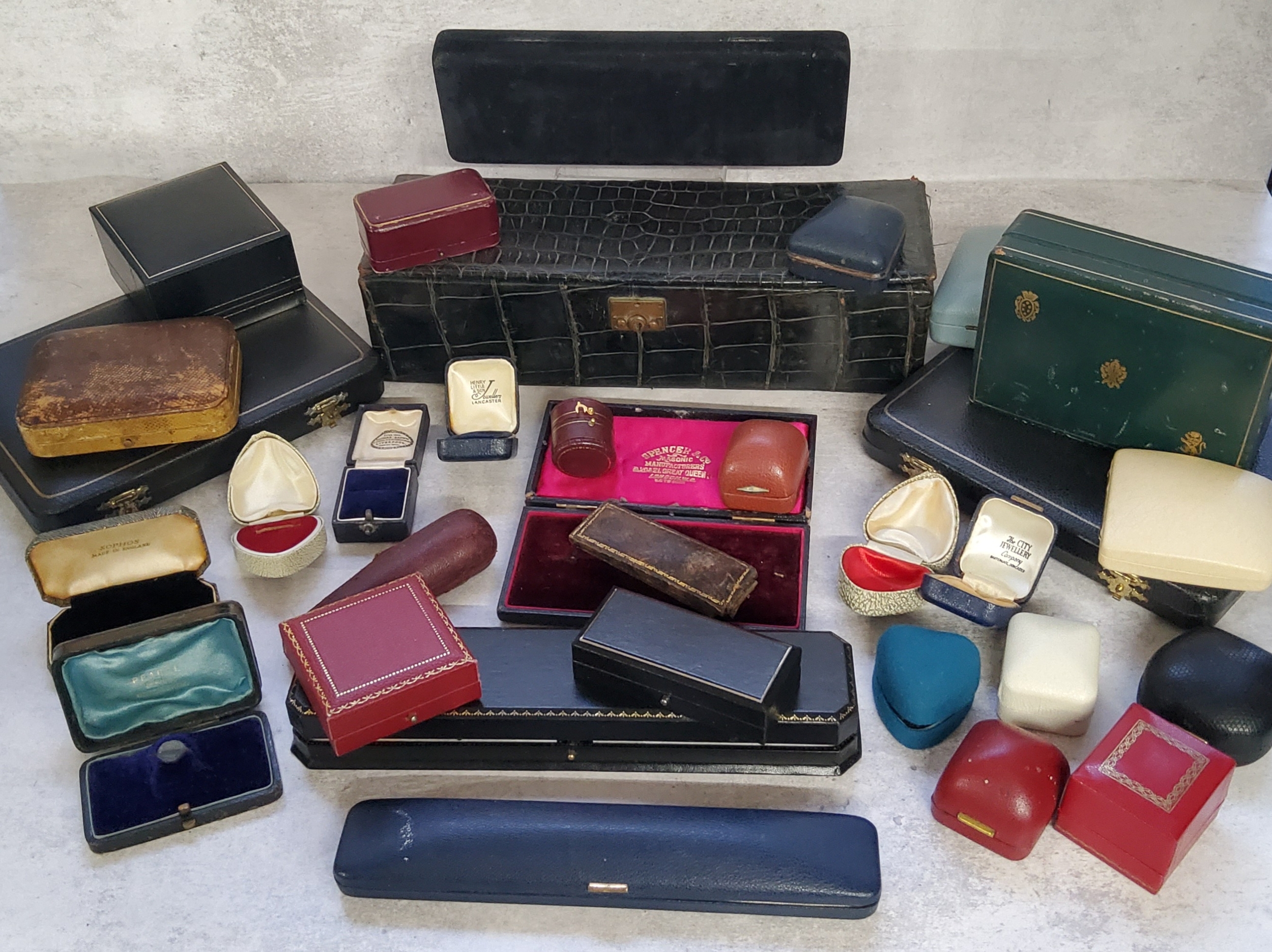 Early 20th century and later jewellery boxes,  including a crocodile skin box, and other ring boxes,