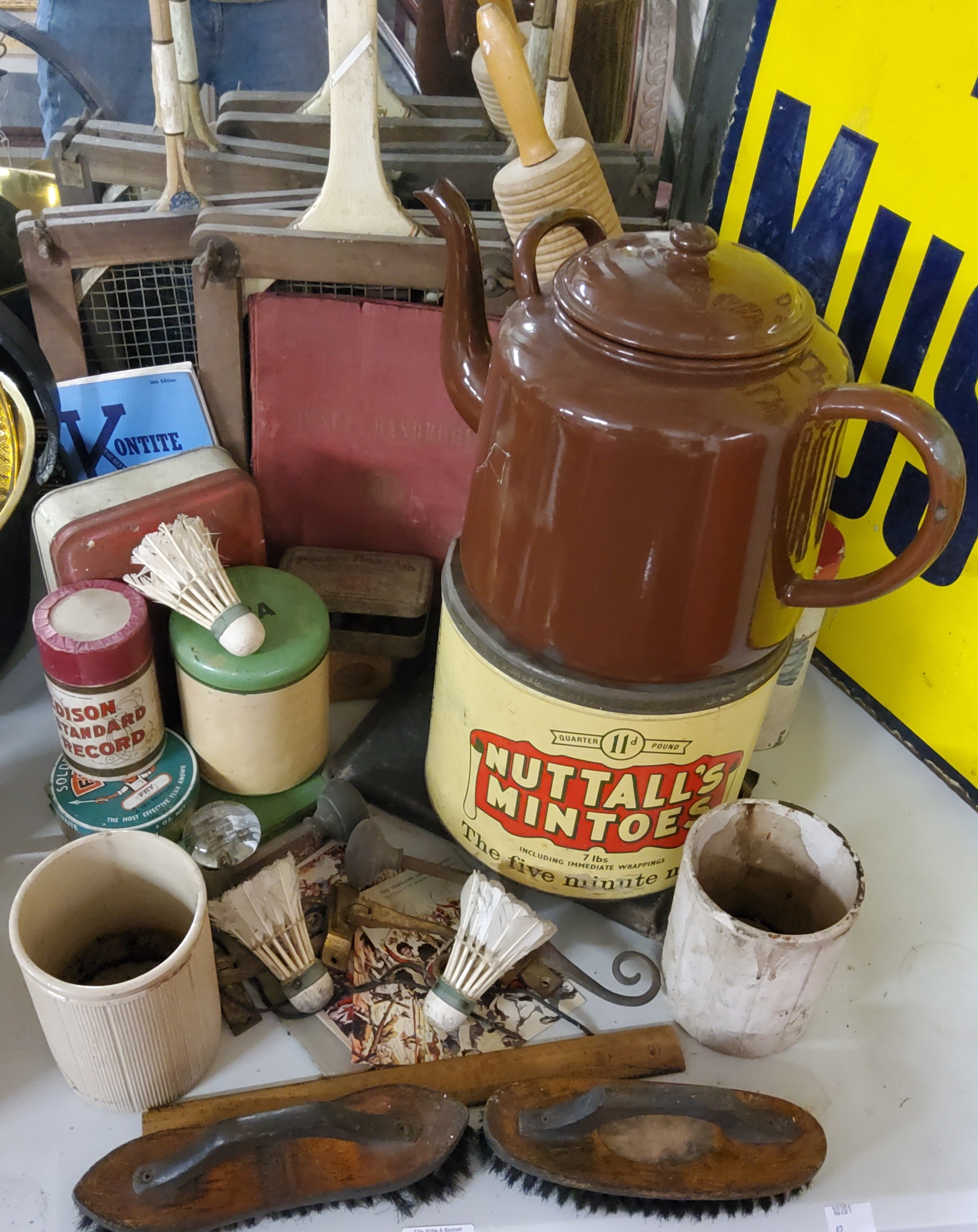 Boxes & objects including a Nuttall's Mintoes 7LB advertising tin; a vintage tennis & badminton