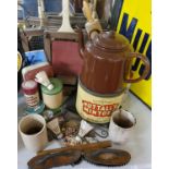 Boxes & objects including a Nuttall's Mintoes 7LB advertising tin; a vintage tennis & badminton