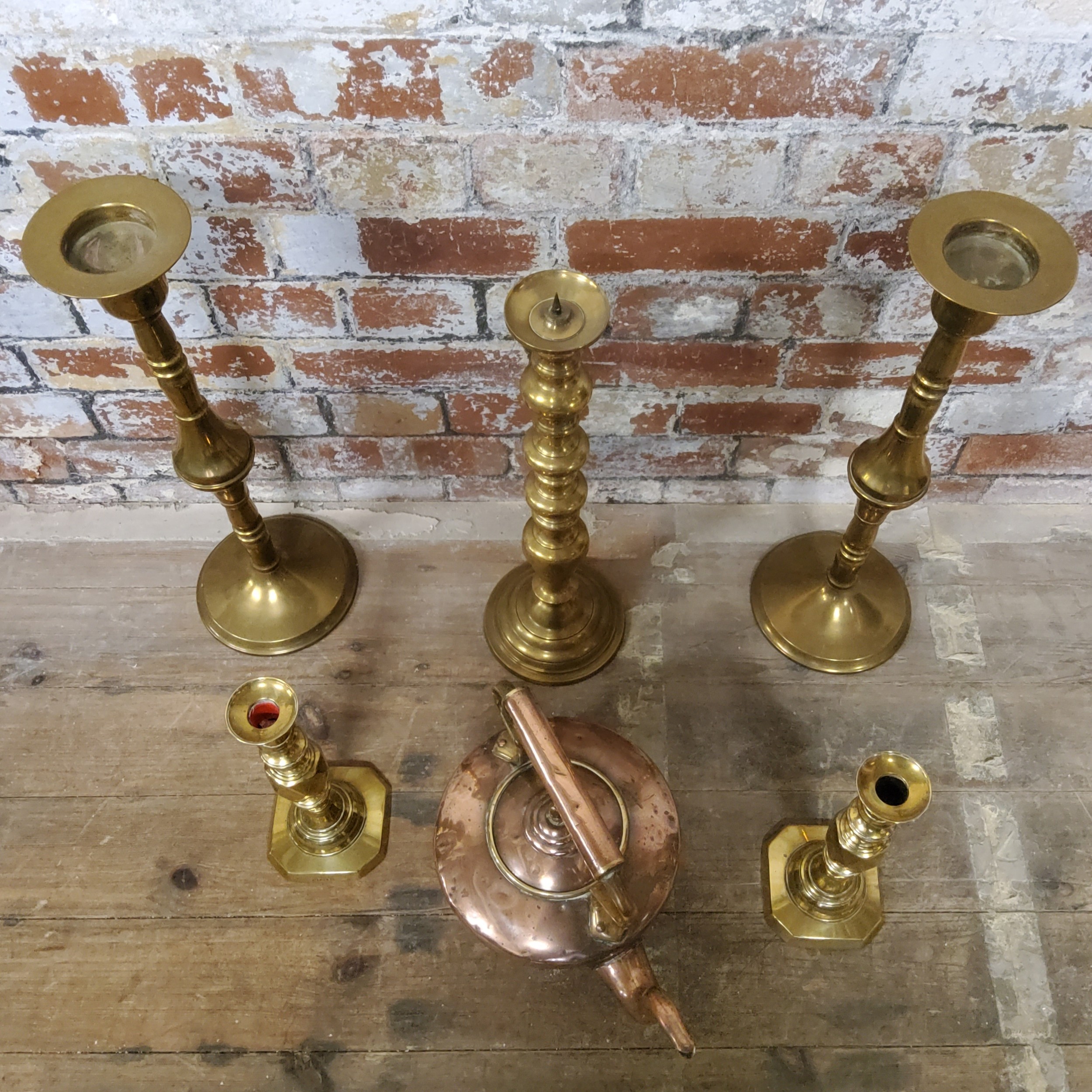 A pair of substantial ecclesiastical brass candlesticks 53.5cms high; a smaller pair of brass - Image 2 of 3