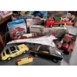 A Marx Farm Truck, trick action, moving rooster, hens & chicks, complete with cow & pig, boxed; a