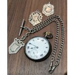 A silver cased pocket watch, white enamel dial, black Roman numerals, second subsidiary dial, a