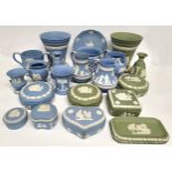 Wedgwood blue & sage green jasperware including vases, jugs, miniature urn, trinket boxes & covers