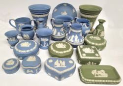 Wedgwood blue & sage green jasperware including vases, jugs, miniature urn, trinket boxes & covers