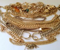 Bold gold plated curb link chains, necklaces, earrings, brooches etc