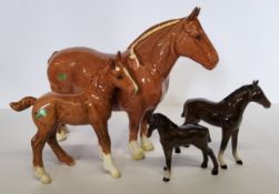 A Beswick Chestnut shire horse, CH Hasse Dainty (af); a Chestnut shire foal; two bay foals (4)