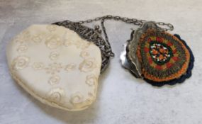 A continental white metal mounted embroidered & beadwork silk lined purse, stamped with lowercase