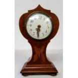 A Sheraton Revival mahogany mantel timepiece, 9cm circular clock dial Arabic numerals, the balloon