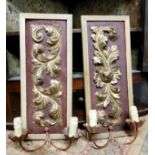 A pair of 18th century carved giltwood and gesso girandole wall sconces, later oak frames. c.1780.