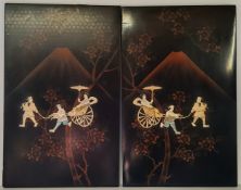 A pair of A Japanese Black Lacquer and Shibayama Panels, depicting an empress on a rickshaw at the