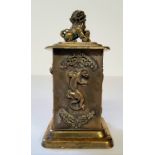 An interesting Oriental canister surmounted with Dog of Foo handle, the rectangular body decorated