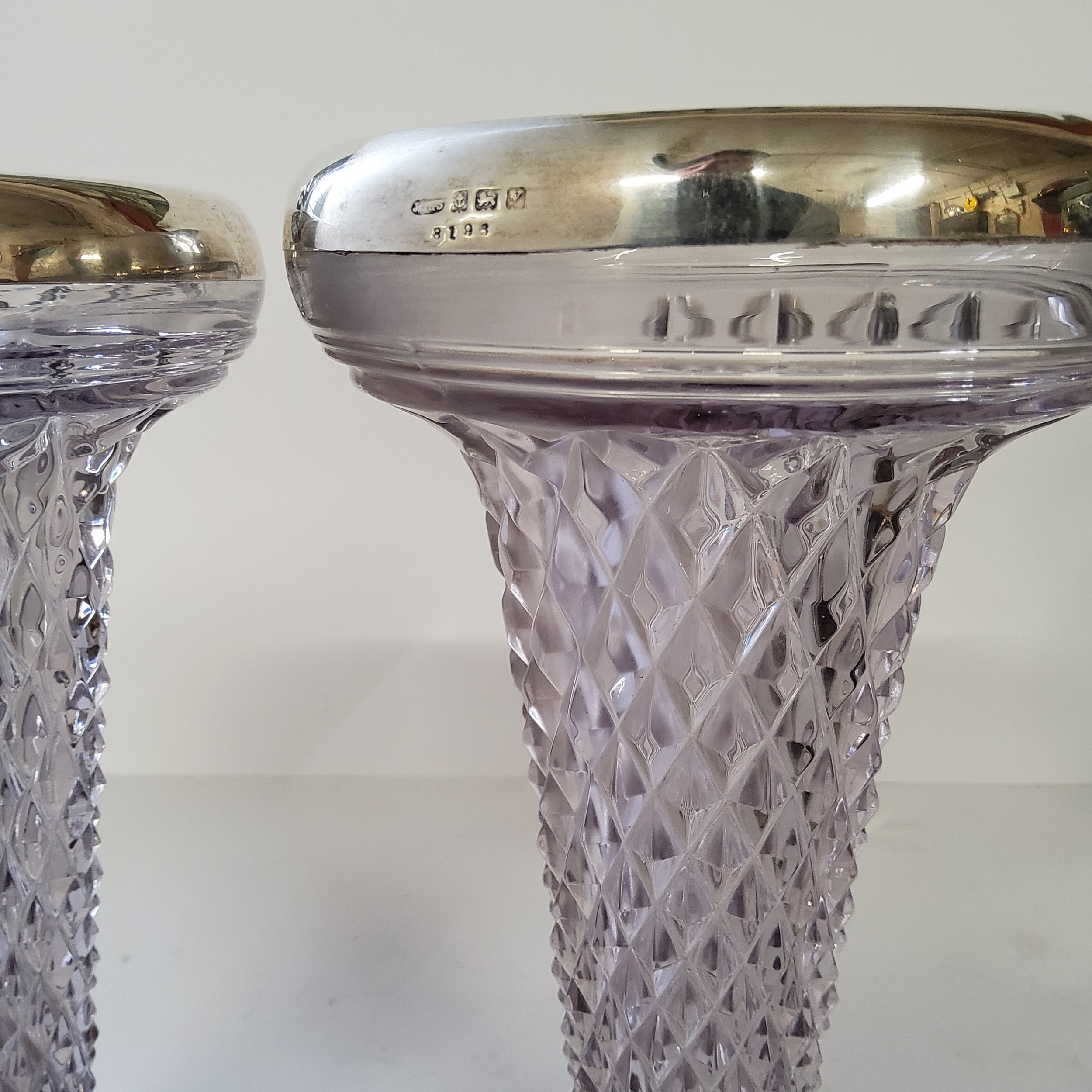 A pair of John Grinsell & Sons silver mounted and hobnail glass trumpet shaped vases, dated 1924, - Image 2 of 2